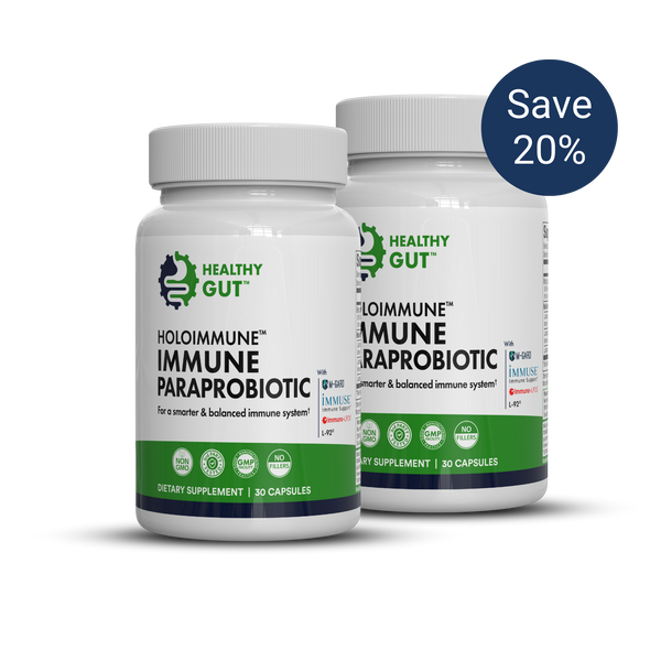 Front view of two HoloImmune paraprobiotic bottles with Healthy Gut label and Save 20 percent badge on black background