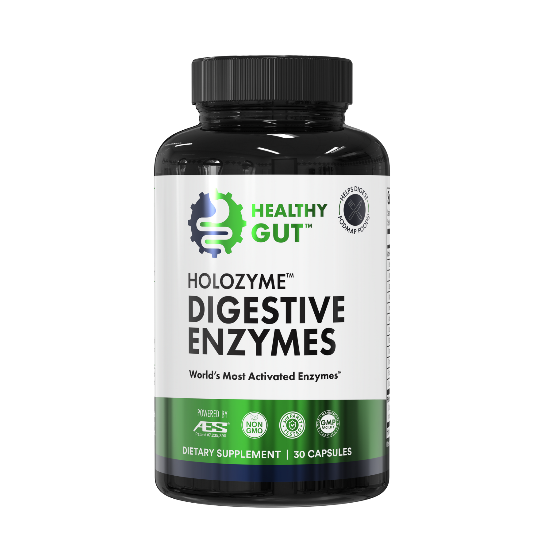 Front view of HoloZyme digestive enzymes bottle with Healthy Gut logo, 'Digestive Enzymes' label, 30 capsules, white background