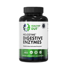 Front view of HoloZyme digestive enzymes bottle with Healthy Gut logo, 'Digestive Enzymes' label, 30 capsules, white background