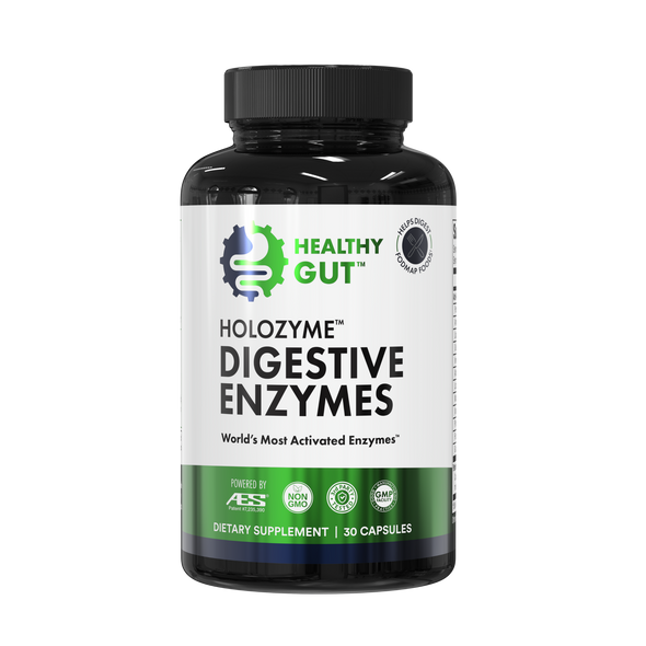 Front view of HoloZyme digestive enzymes bottle with Healthy Gut logo, 'Digestive Enzymes' label, 30 capsules, white background