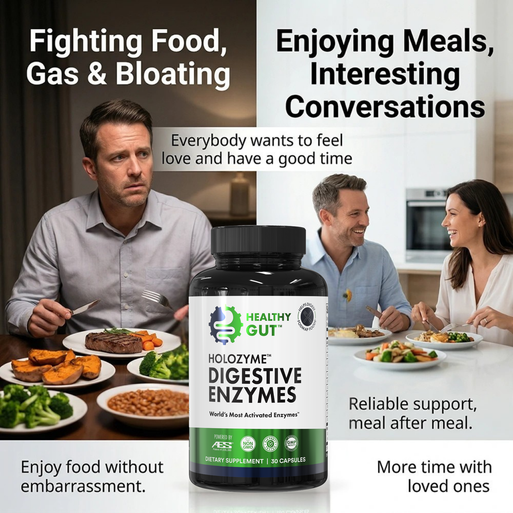 Front of HoloZyme 30-count bottle labeled Digestive Enzymes with background text Fighting Food, Gas and Bloating and diners