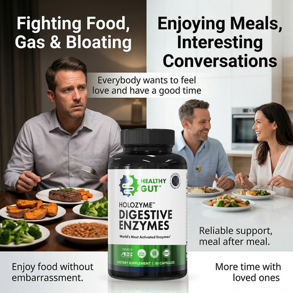 Front of HoloZyme 30-count bottle labeled Digestive Enzymes with background text Fighting Food, Gas and Bloating and diners