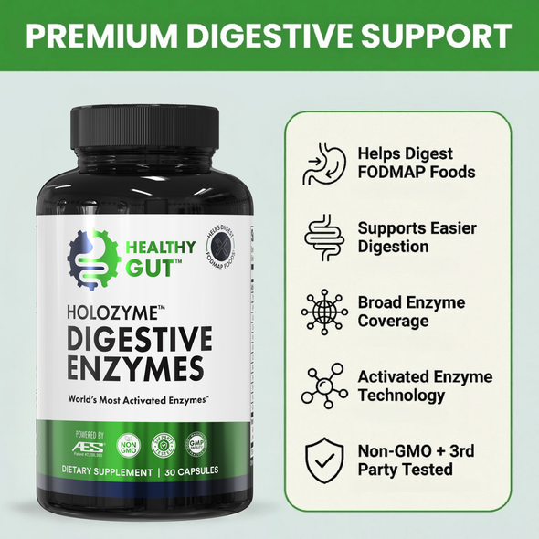 Promotional banner showing HoloZyme 30-count bottle, Premium Digestive Support; digests FODMAPs, 3rd-party tested