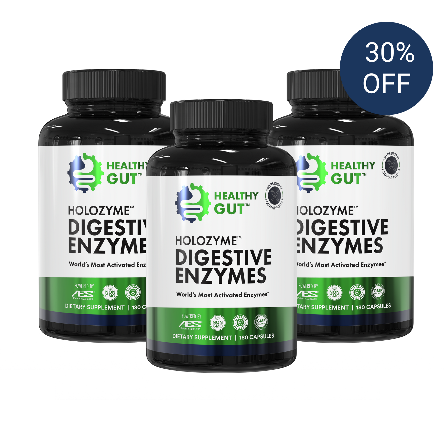 Front view of three HoloZyme digestive enzymes bottles 180 capsules each with 30 percent off badge on white background