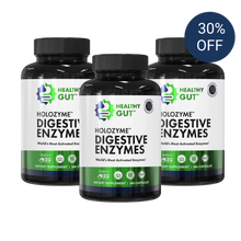 Front view of three HoloZyme digestive enzymes bottles 180 capsules each with 30 percent off badge on white background