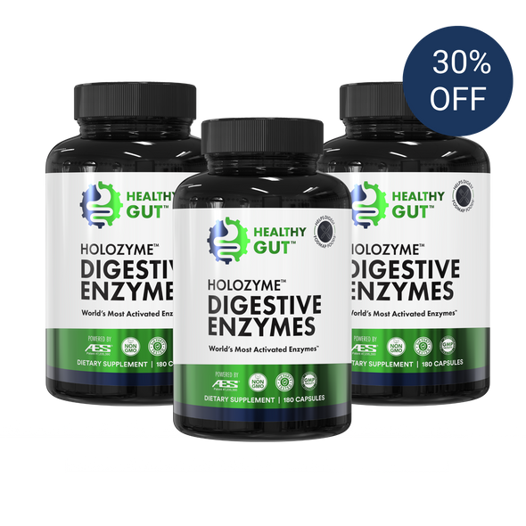 Front view of three HoloZyme digestive enzymes bottles 180 capsules each with 30 percent off badge on white background