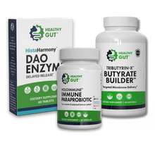 Three-quarter view of Immune Support Bundle showing HistaHarmony DAO Enzyme box, HoloImmune paraprobiotic, and Tributyrin‑X Butyrate Builder on black background