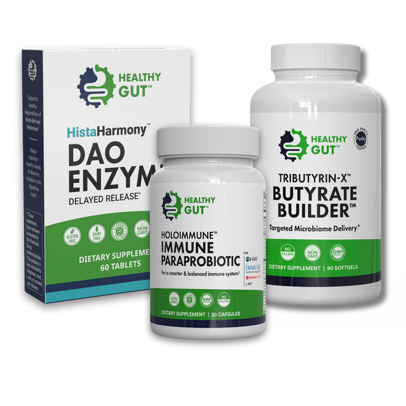 Three-quarter view of Immune Support Bundle showing HistaHarmony DAO Enzyme box, HoloImmune paraprobiotic, and Tributyrin‑X Butyrate Builder on black background
