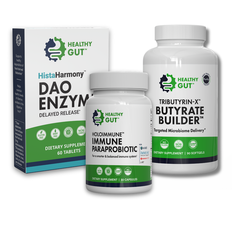 Three-quarter view of Immune Support Bundle showing HistaHarmony DAO Enzyme box, HoloImmune paraprobiotic, and Tributyrin‑X Butyrate Builder on black background