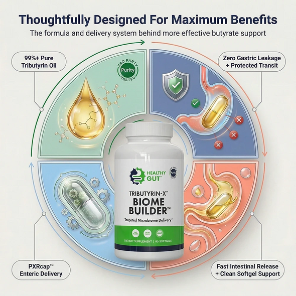 Infographic showing Tributyrin-X delivery and four benefits, titled Thoughtfully Designed For Maximum Benefits