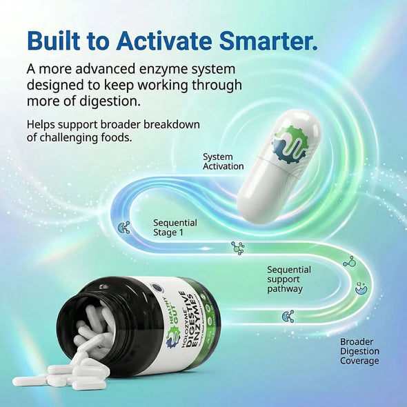 Infographic showing HoloZyme capsule with headline Built to Activate Smarter and staged diagram for broader digestion