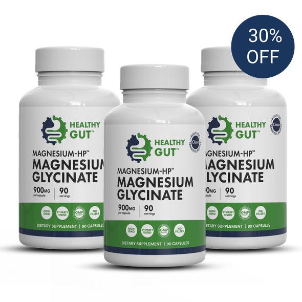 Front view of three Magnesium-HP bottles showing magnesium glycinate label with 900 mg per capsule, 90 servings and 30% off badge on white background