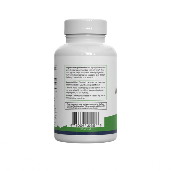 Rear view of Magnesium-HP supplement bottle showing the supplement facts, suggested use, and barcode on a white background