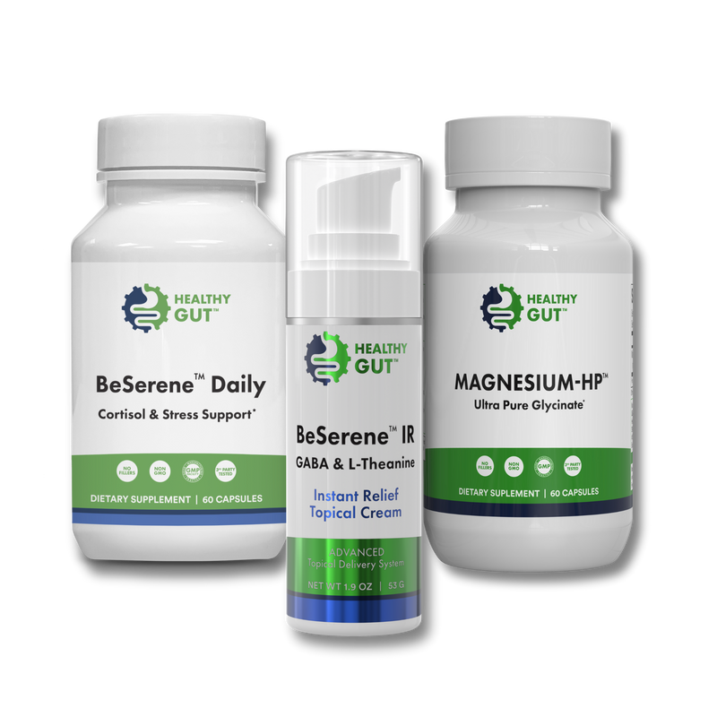 Three Healthy Gut supplements: BeSerene Daily; BeSerene IR; MAGNESIUM-HF