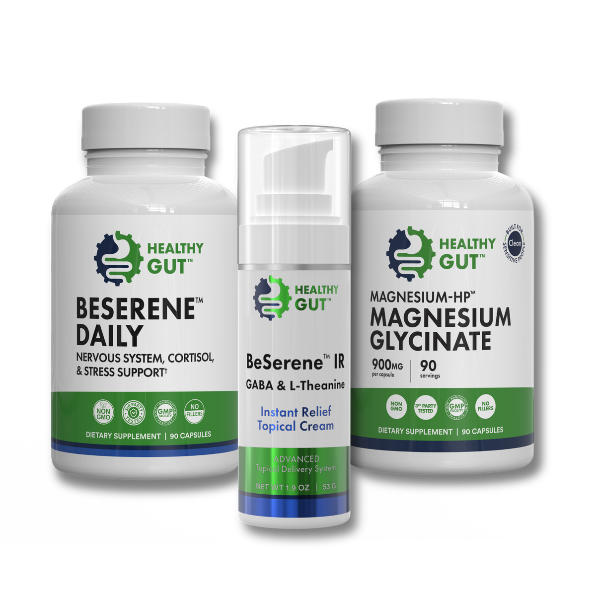 Front view of Nervous System Support Bundle with three Healthy Gut bottles: BeSerene Daily, BeSerene IR cream, and Magnesium-HP Glycinate
