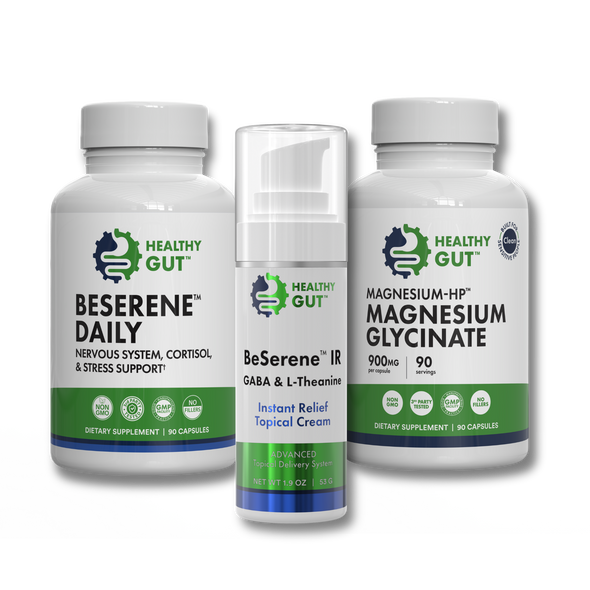Front view of Nervous System Support Bundle with three Healthy Gut bottles: BeSerene Daily, BeSerene IR cream, and Magnesium-HP Glycinate