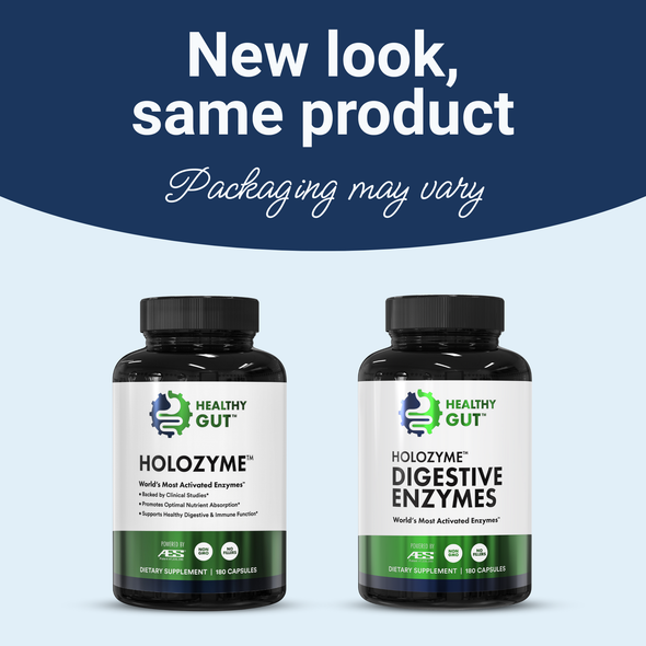 New look, same product. Packaging may vary. Healthy Gut Holozyme digestive enzymes dietary supplement 180 capsules