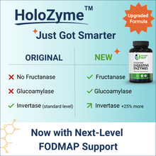 HoloZyme™ upgrade graphic: Original lacks Fructanase; New adds Fructanase, Glucoamylase and Invertase (+25%).