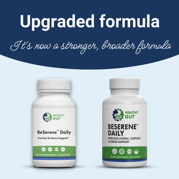 Promotional banner showing two BeSerene Daily supplement bottles (old and new labels) with headline Upgraded formula: It’s now a stronger, broader formula