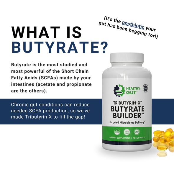 Infographic showing What Is Butyrate? headline, a bottle of Tributyrin-X Butyrate Builder, and a callout that chronic gut conditions can reduce SCFA production