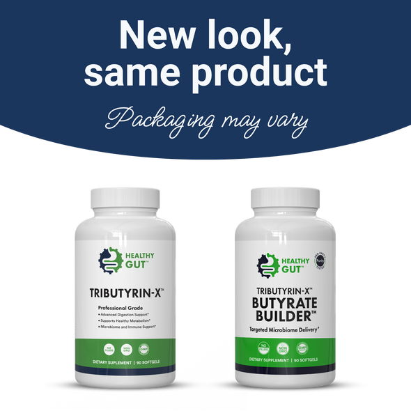 Front view of two Tributyrin-X Butyrate Builder bottles showing new and old packaging with banner reading New look, same product