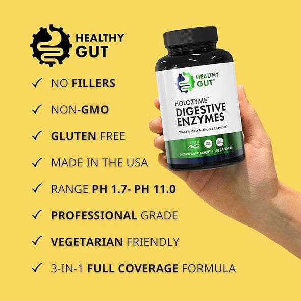 HoloZyme™ Digestive Enzymes bottle held beside checklist: NO FILLERS, NON-GMO, GLUTEN FREE, MADE IN THE USA, pH 1.7-11.0