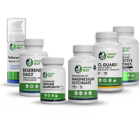 Front view of Perimenopause Power-Pack Bundle showcasing six Healthy Gut supplements with a transparent background