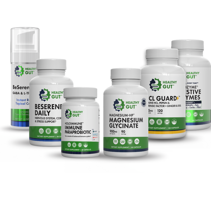 Front view of Perimenopause Power-Pack Bundle showcasing six Healthy Gut supplements with a transparent background