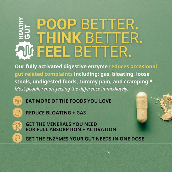 Promotional graphic: POOP BETTER. THINK BETTER. FEEL BETTER - reduces bloating/gas; adds minerals; one-dose enzymes