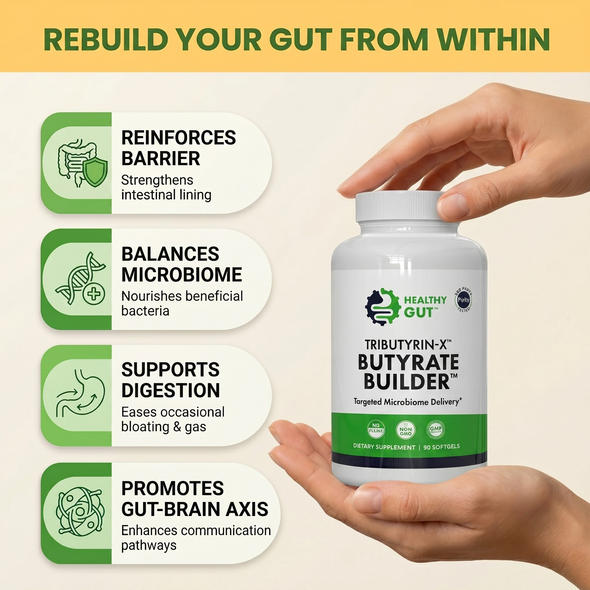 Banner ‘Rebuild Your Gut From Within’ showing Tributyrin‑X Butyrate Builder and benefits: barrier, microbiome, digestion, gut‑brain