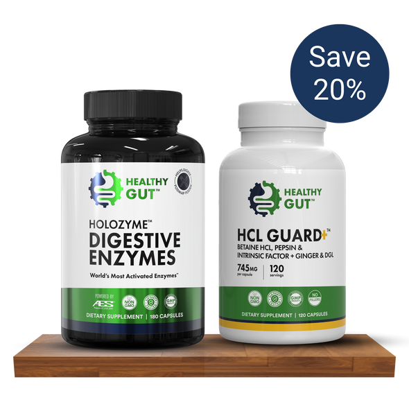Healthy Gut HOLOZYME Digestive Enzymes and HCL GUARD+ DIETARY SUPPLEMENT — Save 20%