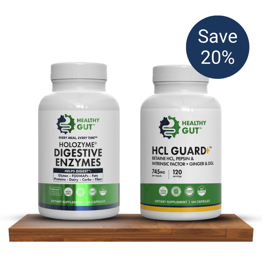 Front view of Set The Table Bundle with HoloZyme and HCL Guard Plus bottles, Save 20 percent badge, on a wooden table