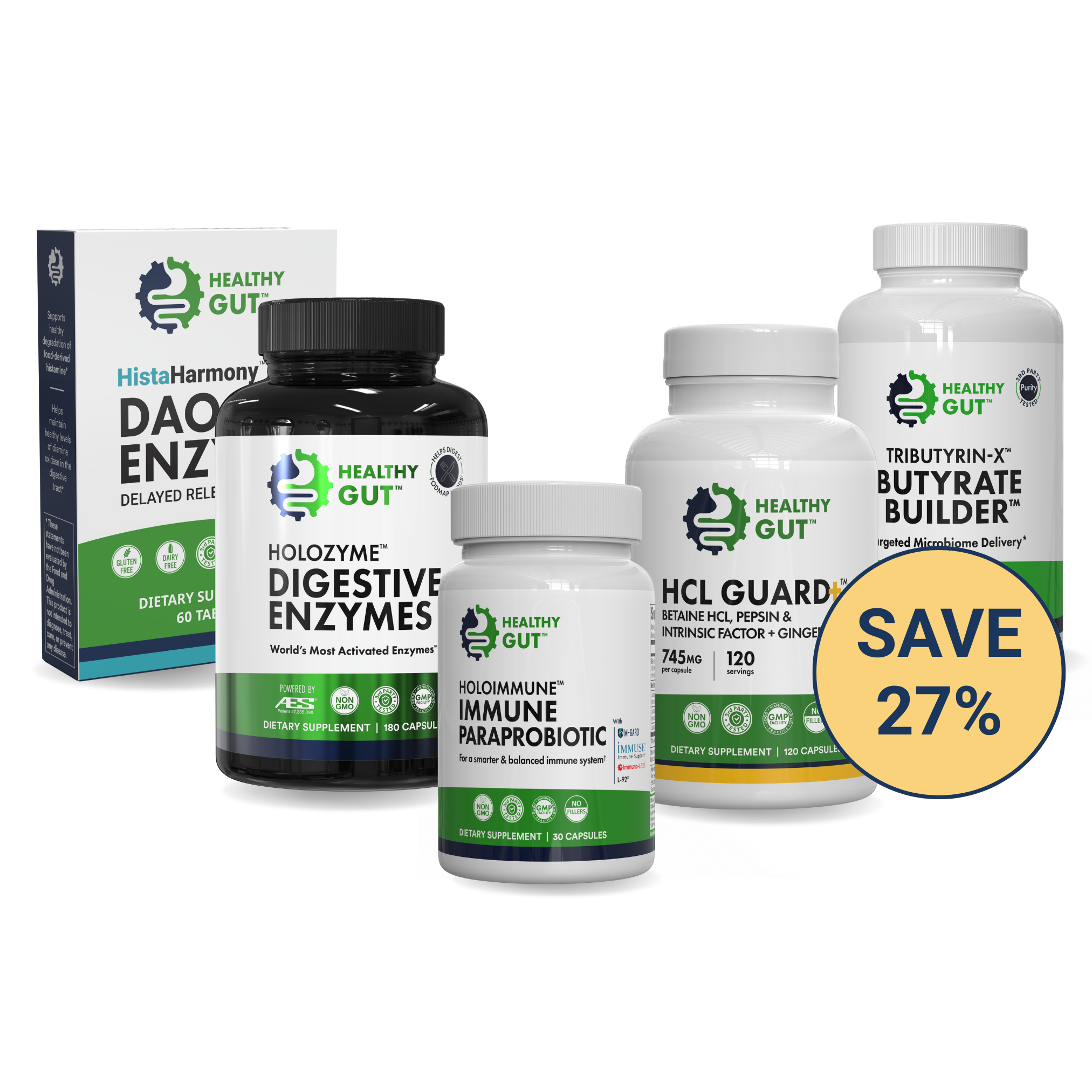 Front view of two Tributyrin‑X Butyrate Builder supplement bottles with Save 20 percent badge on white background