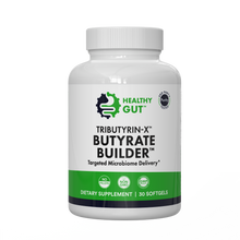 Front view of Tributyrin-X Butyrate Builder bottle showing label, Healthy Gut logo, and 30 softgels on white background