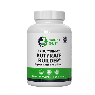 Front view of Tributyrin-X Butyrate Builder bottle showing label, Healthy Gut logo, and 30 softgels on white background