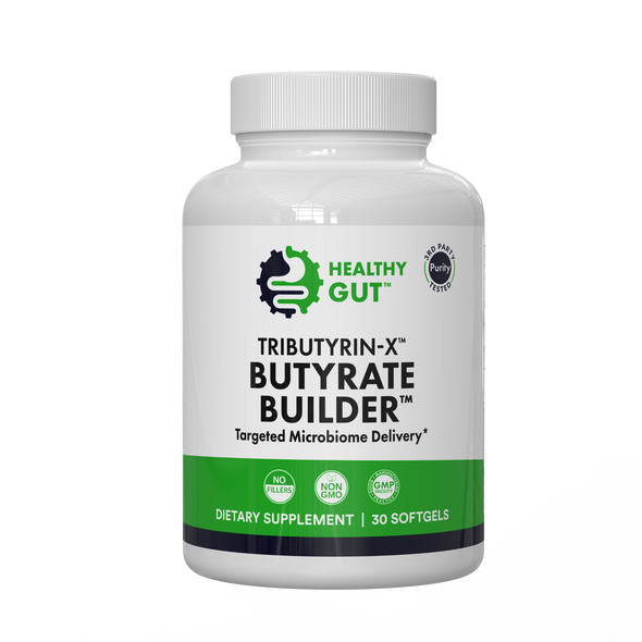Front view of Tributyrin-X Butyrate Builder bottle showing label, Healthy Gut logo, and 30 softgels on white background