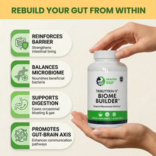 Banner reading REBUILD YOUR GUT FROM WITHIN with Tributyrin-X 30-count bottle and four benefit boxes