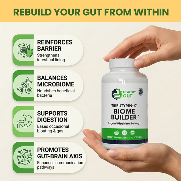 Banner reading REBUILD YOUR GUT FROM WITHIN with Tributyrin-X 30-count bottle and four benefit boxes