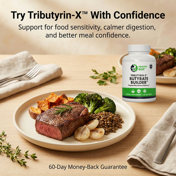 Tributyrin-X bottle next to a plated steak and vegetables with headline Try Tributyrin-X With Confidence supporting food sensitivity and calmer digestion