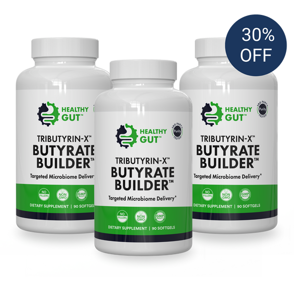 Front of three Tributyrin-X bottles showing Butyrate Builder label, 90 softgels and 30% OFF badge on white background