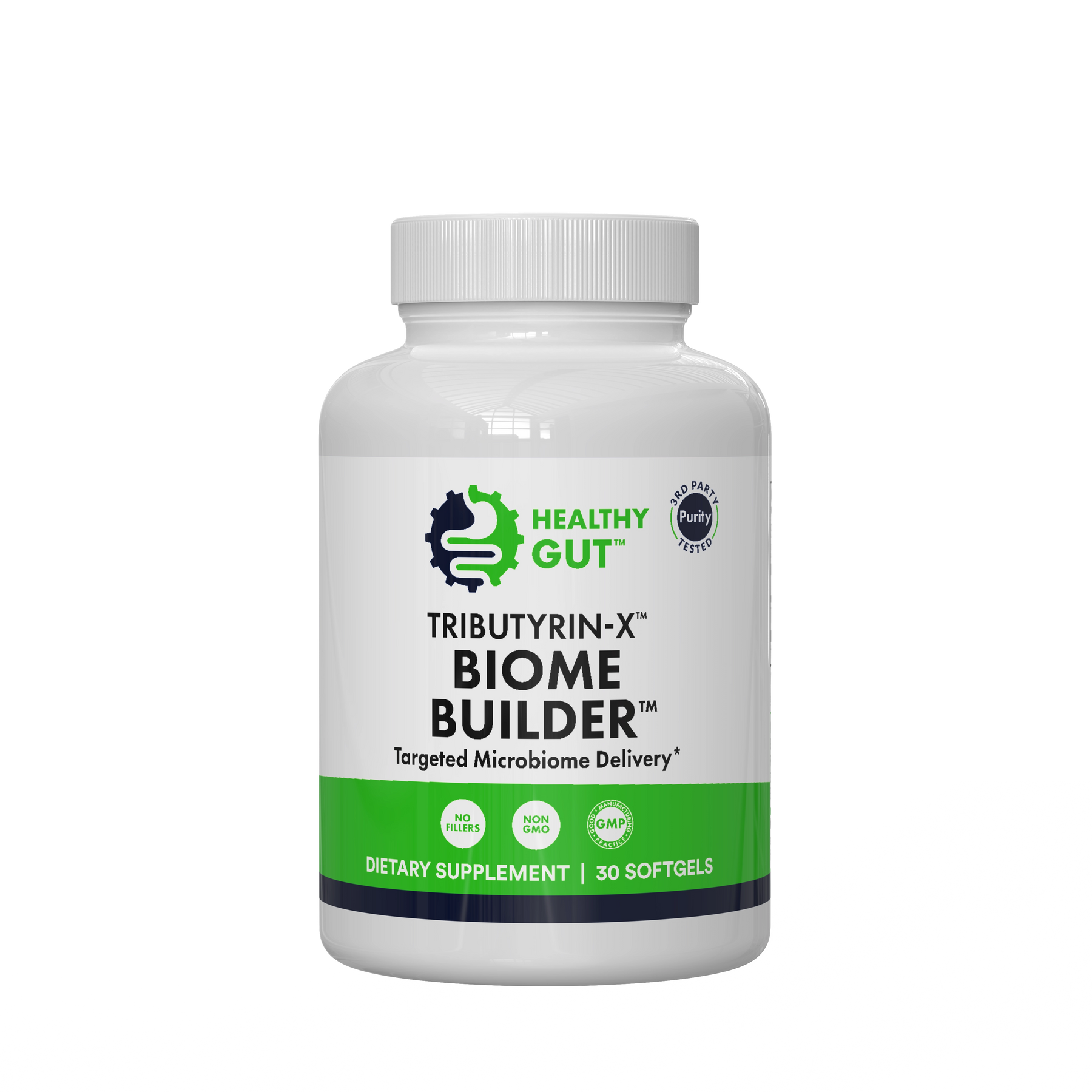 Healthy Gut TRIBUTYRIN-X BIOME BUILDER supplement bottle — Targeted Butyrate Delivery, DIETARY SUPPLEMENT 30 SOFTGELS