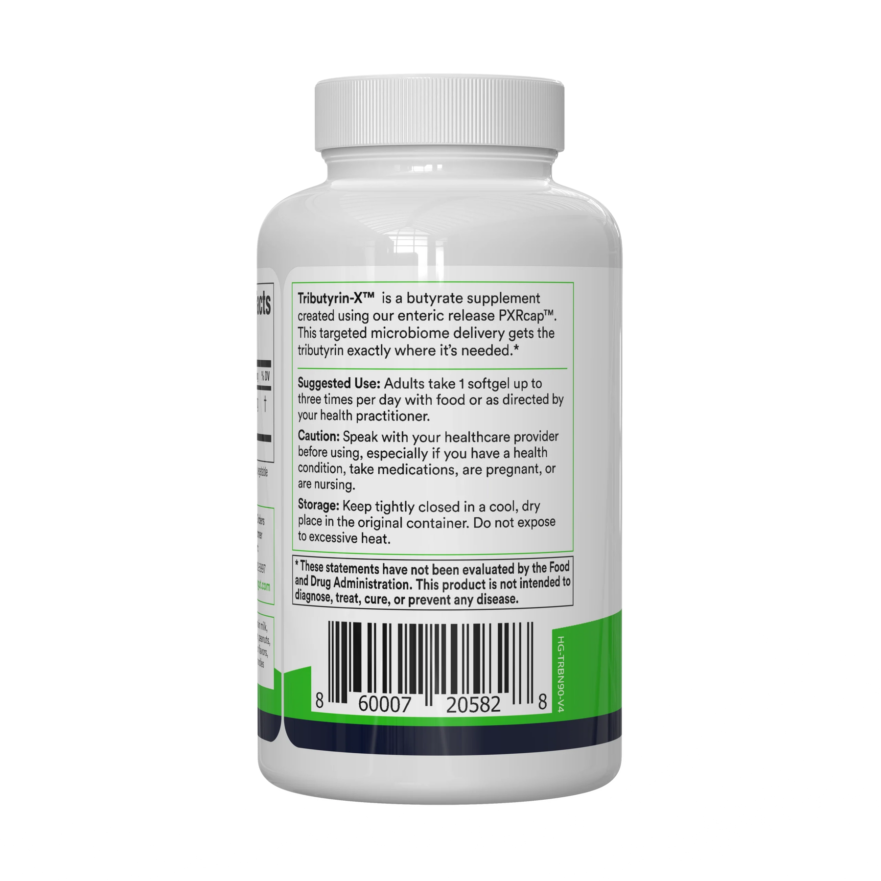 Back label of a Tributyrin-X supplement bottle showing small printed directions and barcode number 60007 20582