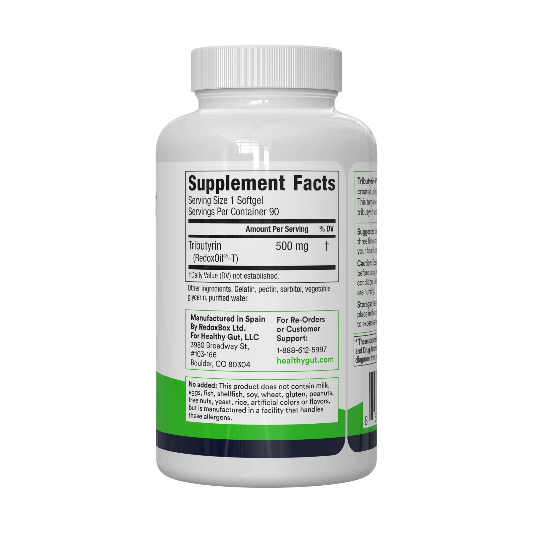 Back label of supplement bottle showing 'Supplement Facts' panel: Serving Size 1 Softgel; Serving Per Container 90; Tributyrin 500 mg.