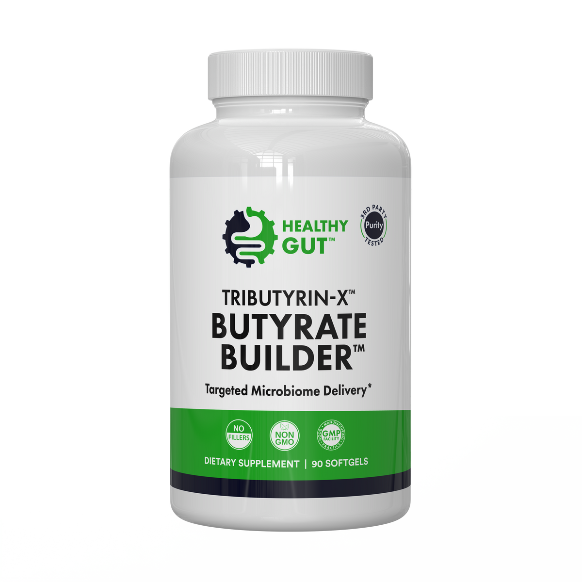 Front view of Tributyrin-X Butyrate Builder bottle showing label Butyrate Builder and green accent on white background