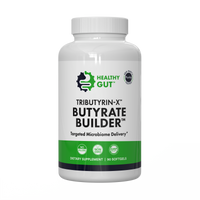 Front view of Tributyrin-X Butyrate Builder bottle showing label Butyrate Builder and green accent on white background