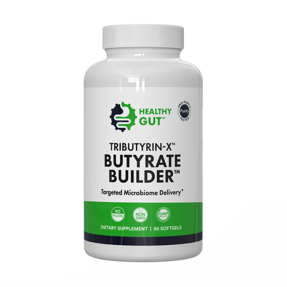 Front view of Tributyrin-X Butyrate Builder bottle showing label Butyrate Builder and green accent on white background