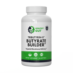 Front of Tributyrin-X supplement bottle showing label Butyrate Builder and 90 softgels on white background