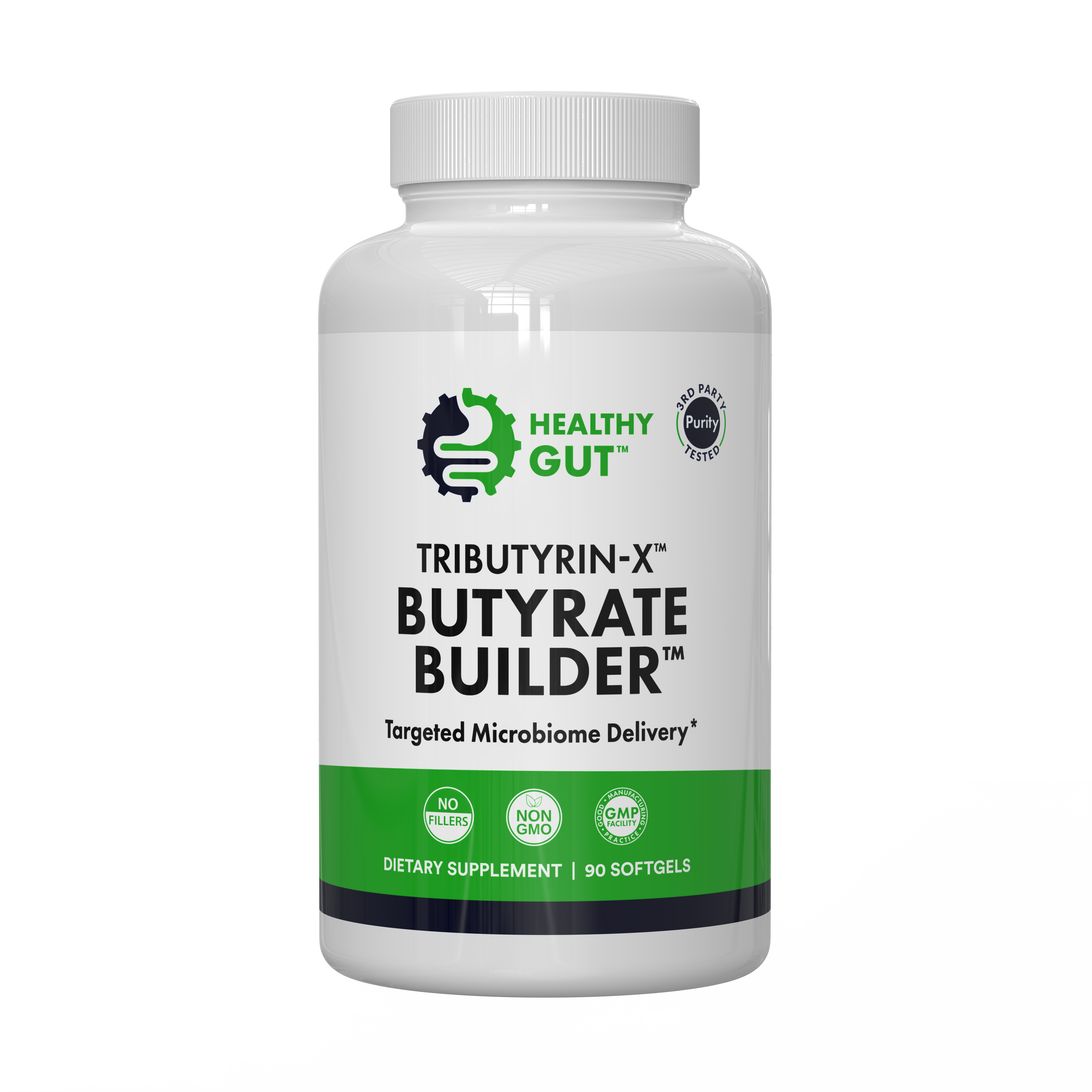 Front view of Tributyrin-X Butyrate Builder bottle showing Healthy Gut label and Targeted Microbiome Delivery text on white background