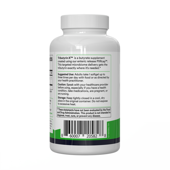 Rear view of Tributyrin-X bottle showing label with suggested use, cautions, storage, and barcode on white background