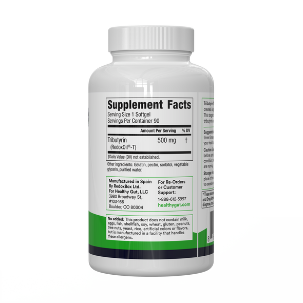 Rear view of Tributyrin-X bottle showing Supplement Facts panel: Tributyrin 500 mg per softgel, 90 servings, on white background
